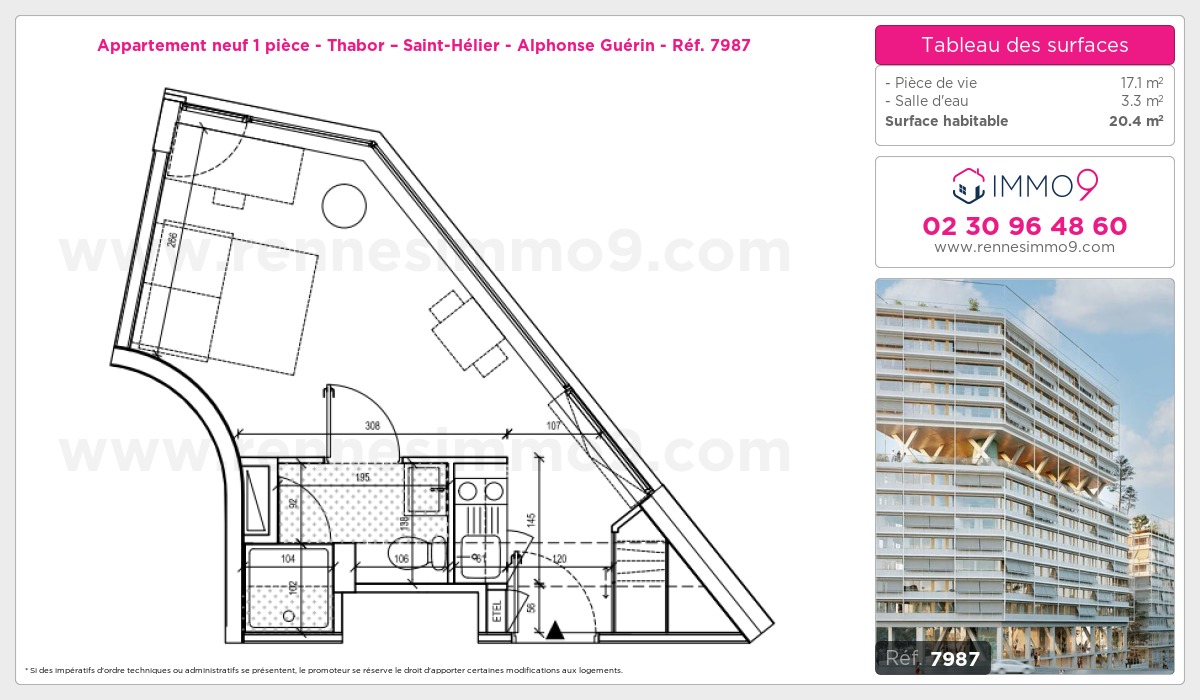 Plan et surfaces, Programme neuf Rennes : Thabor – Saint-Hélier - Alphonse Guérin Référence n° 7987