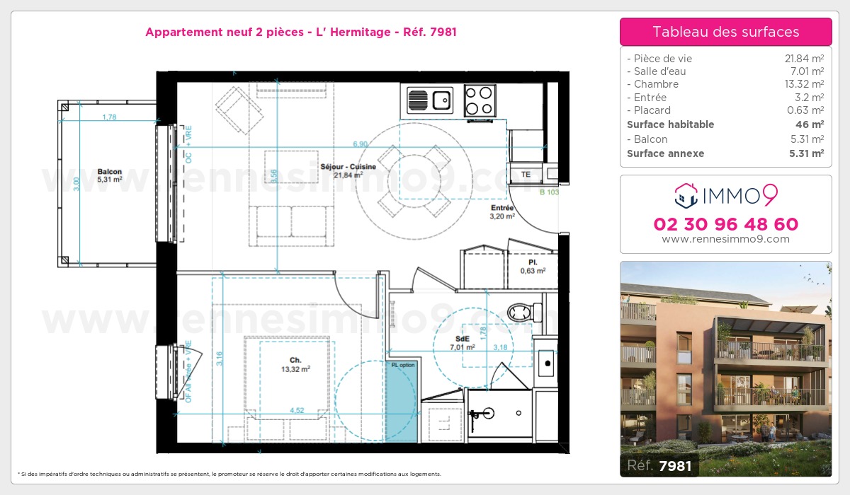 Plan et surfaces, Programme neuf Hermitage Référence n° 7981