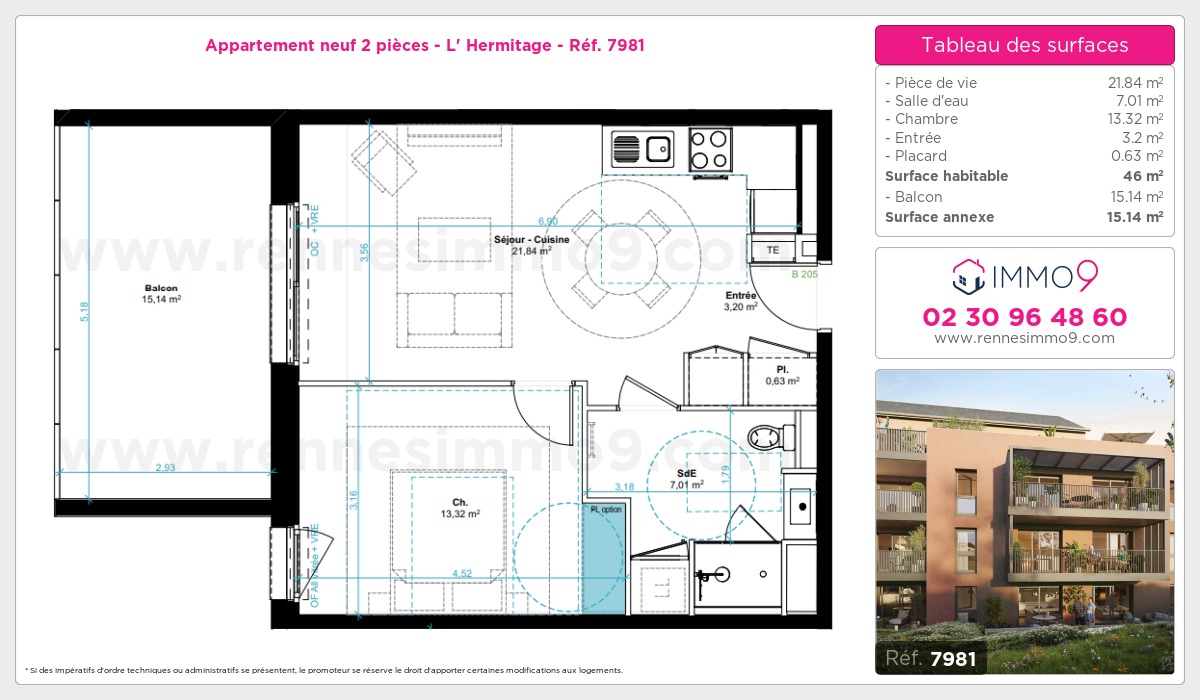 Plan et surfaces, Programme neuf Hermitage Référence n° 7981