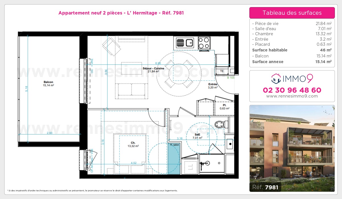 Plan et surfaces, Programme neuf Hermitage Référence n° 7981
