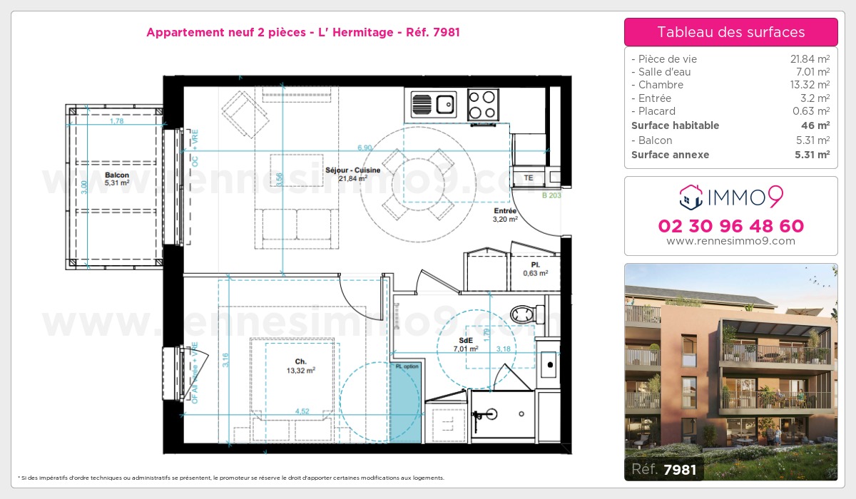 Plan et surfaces, Programme neuf Hermitage Référence n° 7981