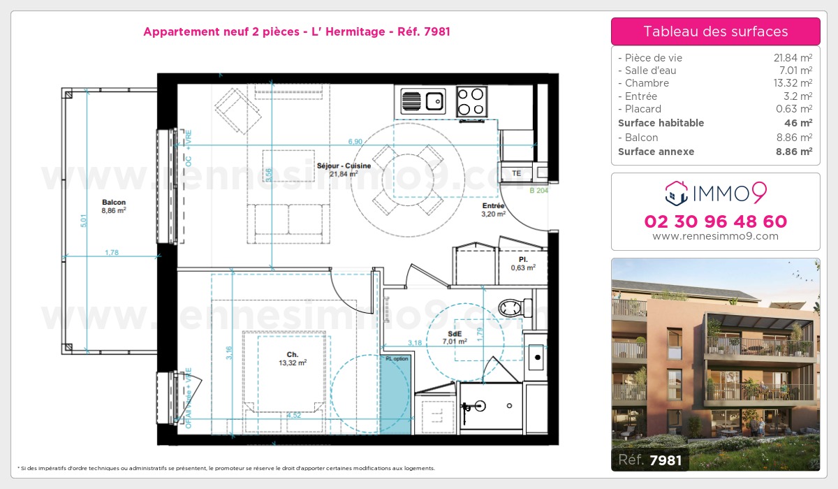 Plan et surfaces, Programme neuf Hermitage Référence n° 7981