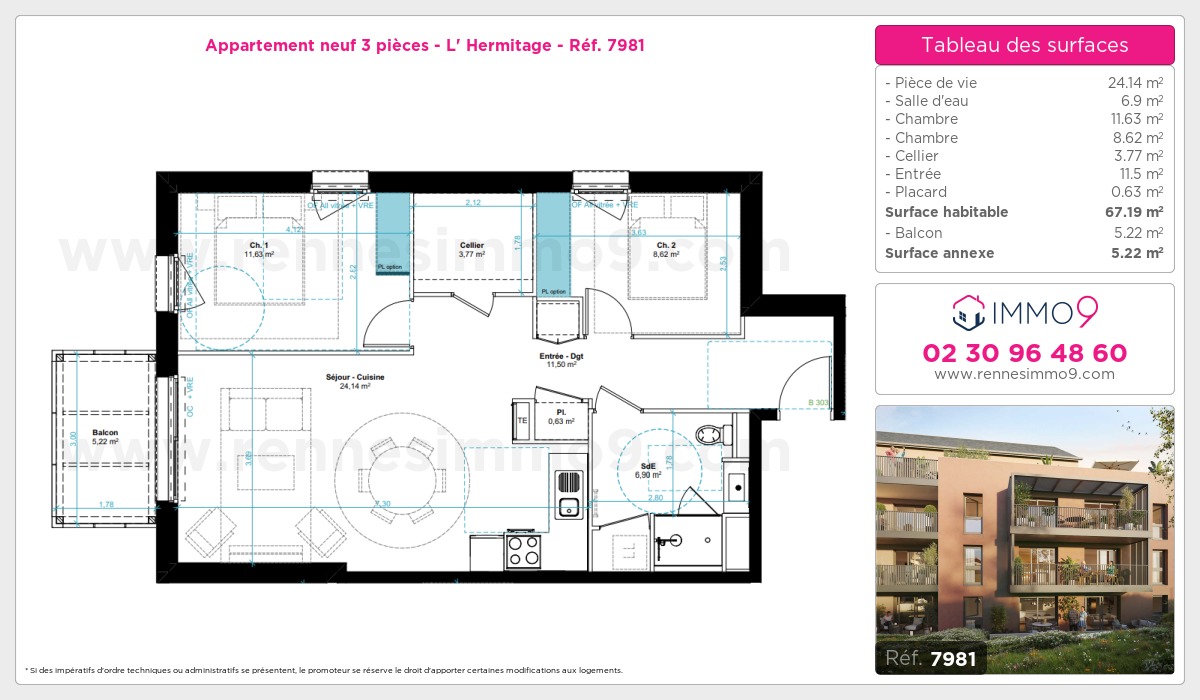 Plan et surfaces, Programme neuf Hermitage Référence n° 7981