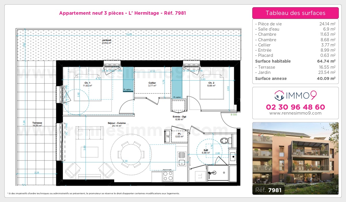 Plan et surfaces, Programme neuf Hermitage Référence n° 7981