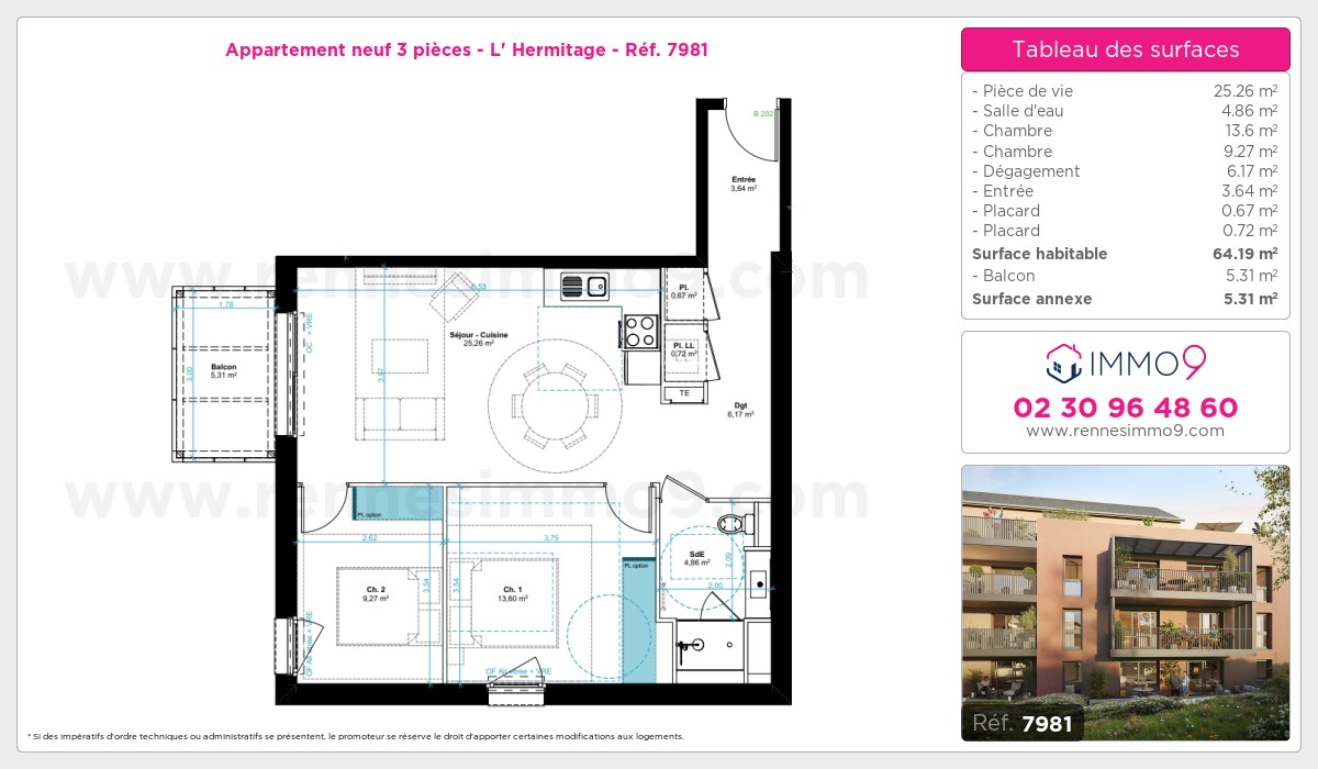 Plan et surfaces, Programme neuf Hermitage Référence n° 7981