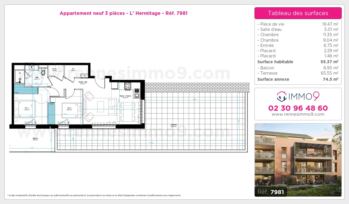 Plan et surfaces, Programme neuf Hermitage Référence n° 7981