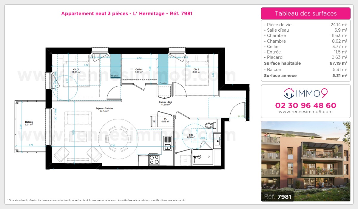 Plan et surfaces, Programme neuf Hermitage Référence n° 7981