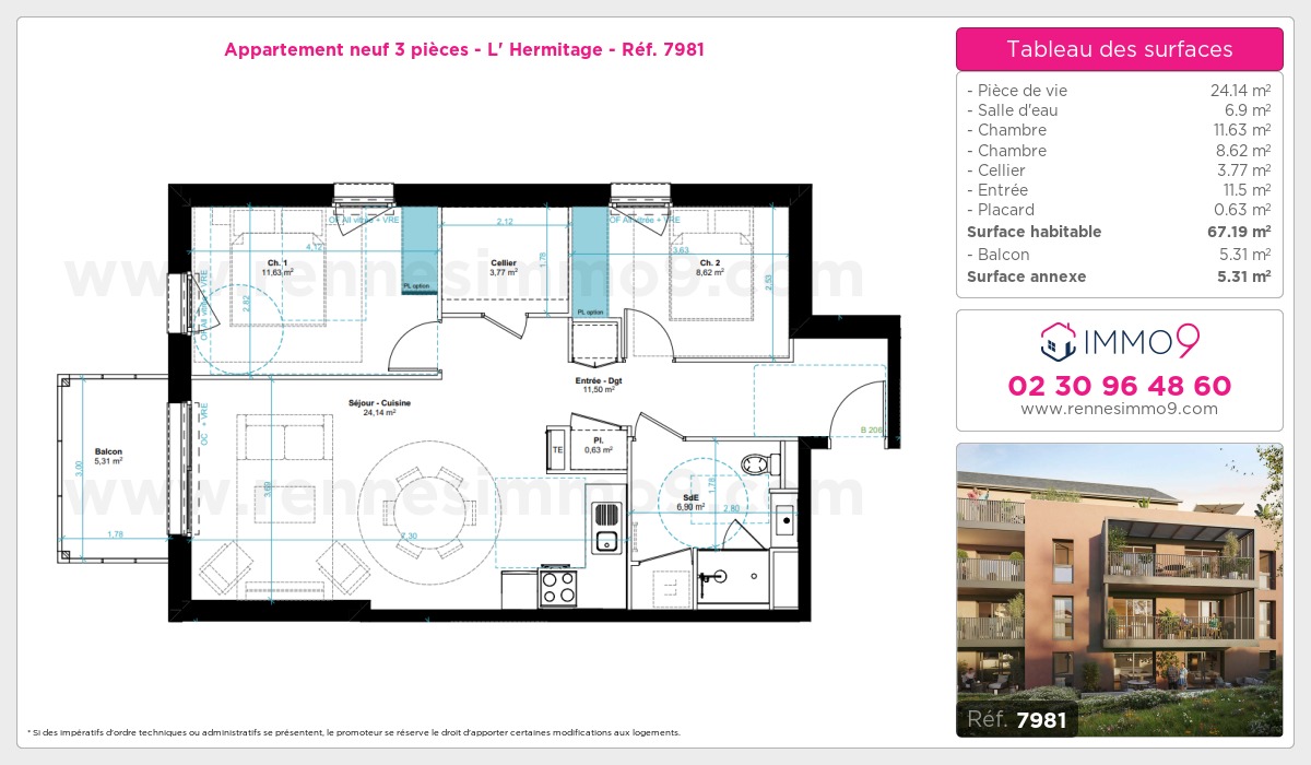 Plan et surfaces, Programme neuf Hermitage Référence n° 7981
