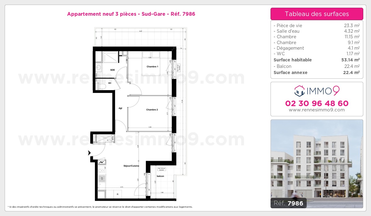 Plan et surfaces, Programme neuf Rennes : Sud-Gare Référence n° 7986