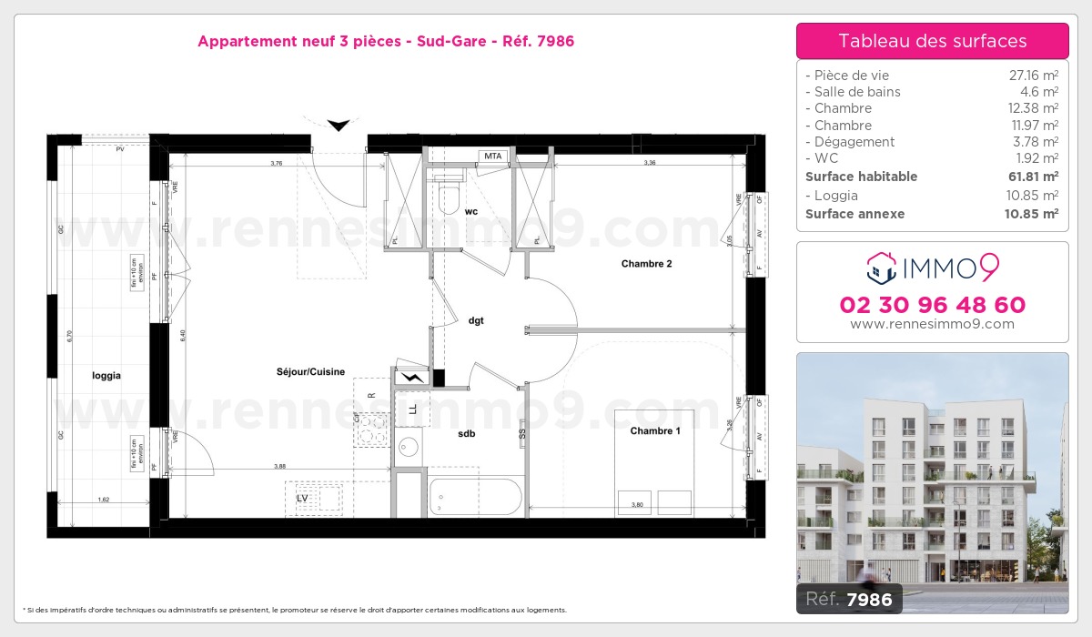 Plan et surfaces, Programme neuf Rennes : Sud-Gare Référence n° 7986