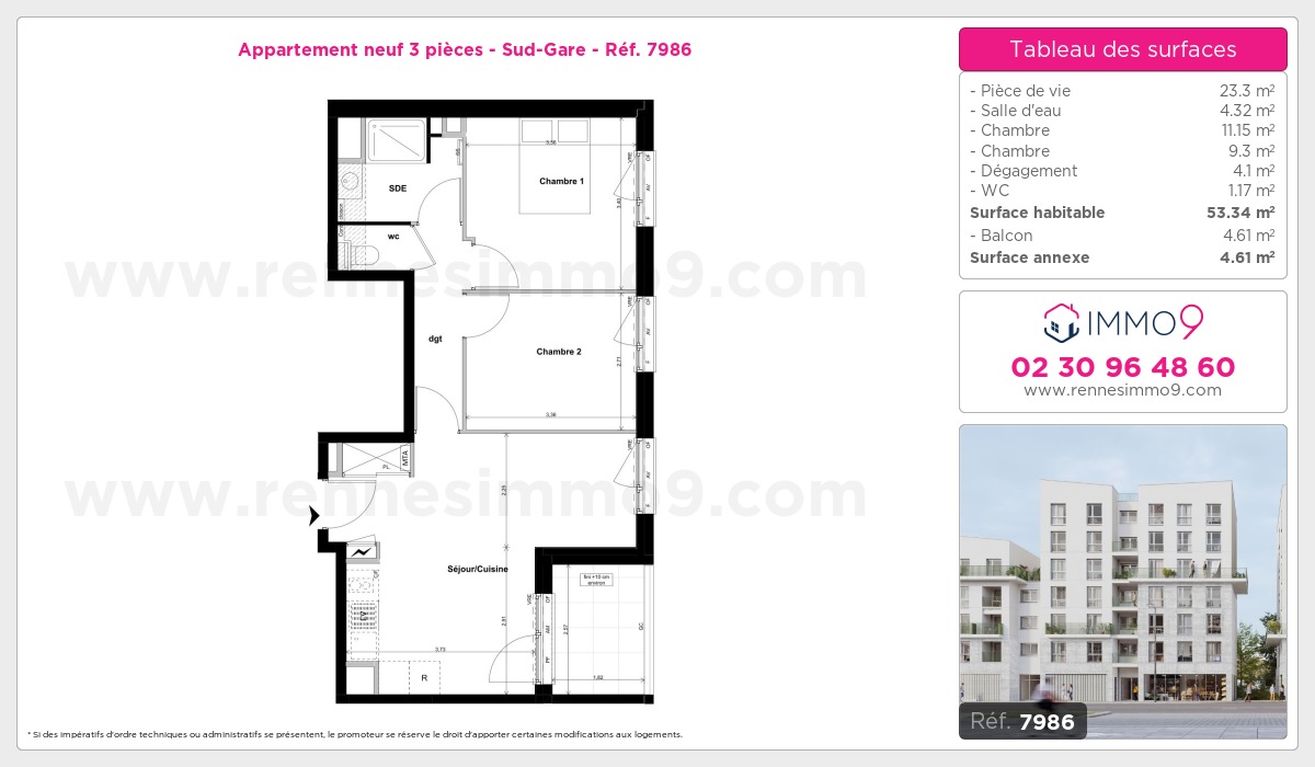 Plan et surfaces, Programme neuf Rennes : Sud-Gare Référence n° 7986