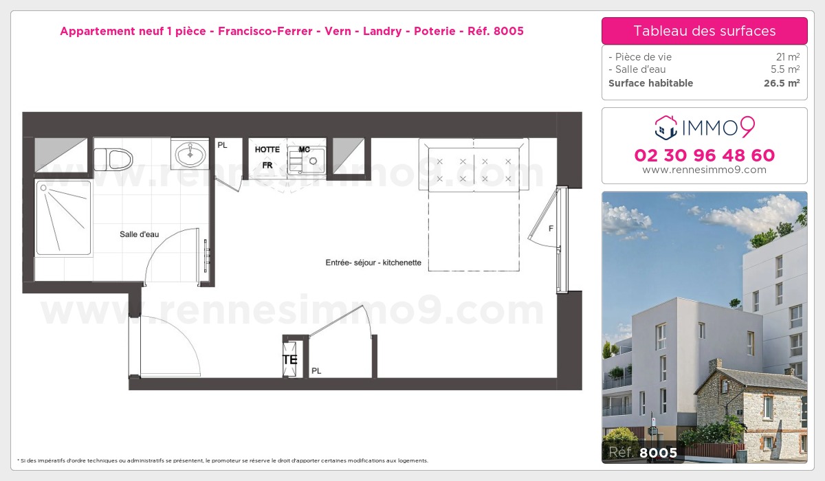 Plan et surfaces, Programme neuf Rennes : Francisco-Ferrer - Vern - Landry - Poterie Référence n° 8005