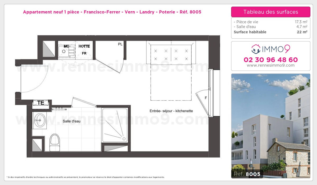 Plan et surfaces, Programme neuf Rennes : Francisco-Ferrer - Vern - Landry - Poterie Référence n° 8005