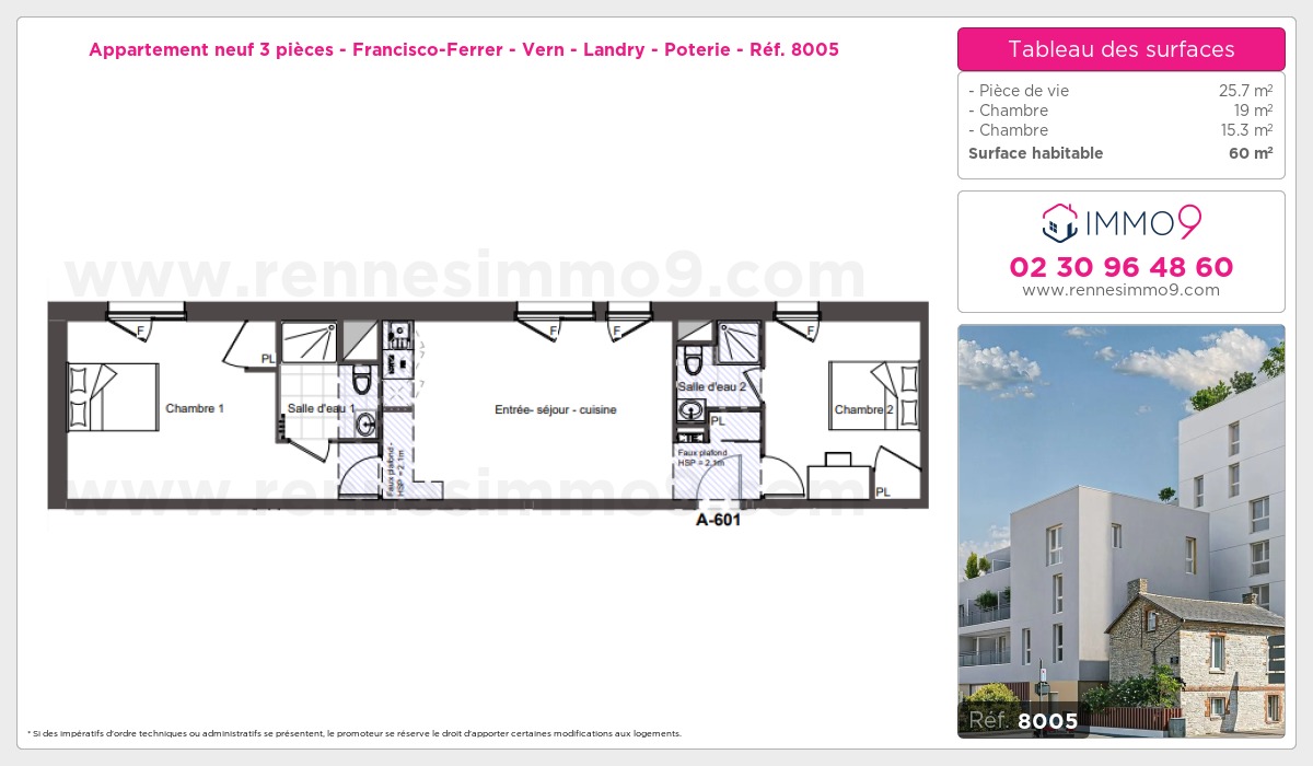 Plan et surfaces, Programme neuf Rennes : Francisco-Ferrer - Vern - Landry - Poterie Référence n° 8005