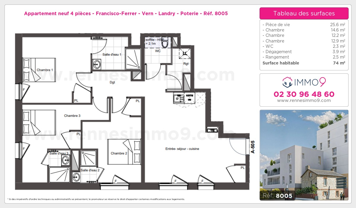 Plan et surfaces, Programme neuf Rennes : Francisco-Ferrer - Vern - Landry - Poterie Référence n° 8005