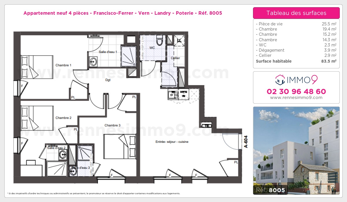 Plan et surfaces, Programme neuf Rennes : Francisco-Ferrer - Vern - Landry - Poterie Référence n° 8005