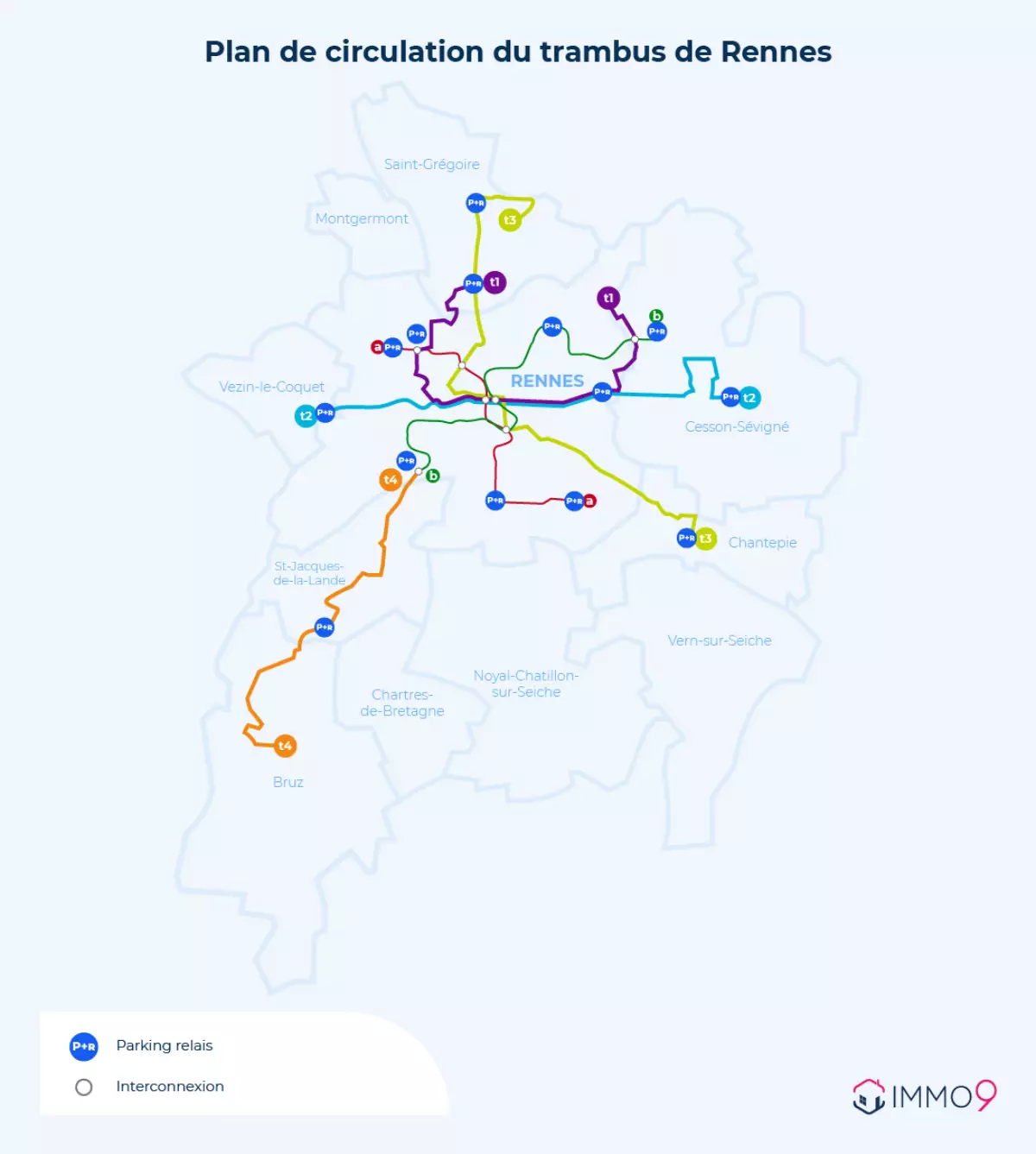 Carte des 4 lignes du réseau Trambus de Rennes