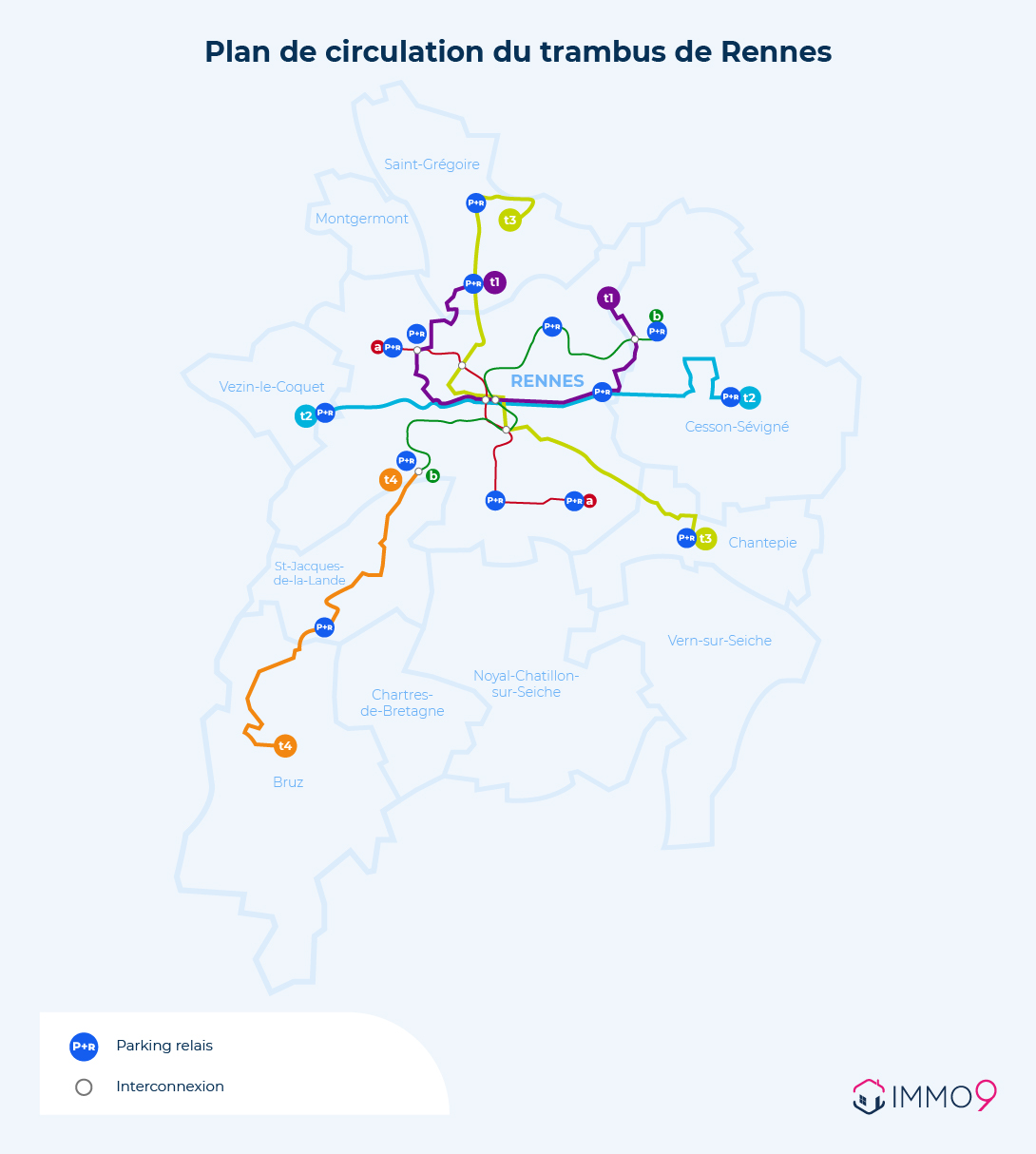 Carte des 4 lignes du réseau Trambus de Rennes