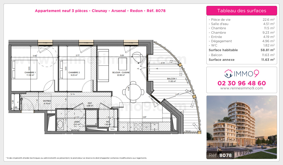 Plan et surfaces, Programme neuf Rennes : Cleunay - Arsenal - Redon Référence n° 8078