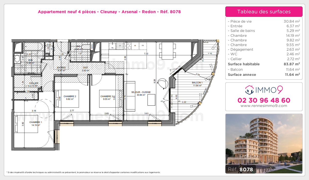 Plan et surfaces, Programme neuf Rennes : Cleunay - Arsenal - Redon Référence n° 8078