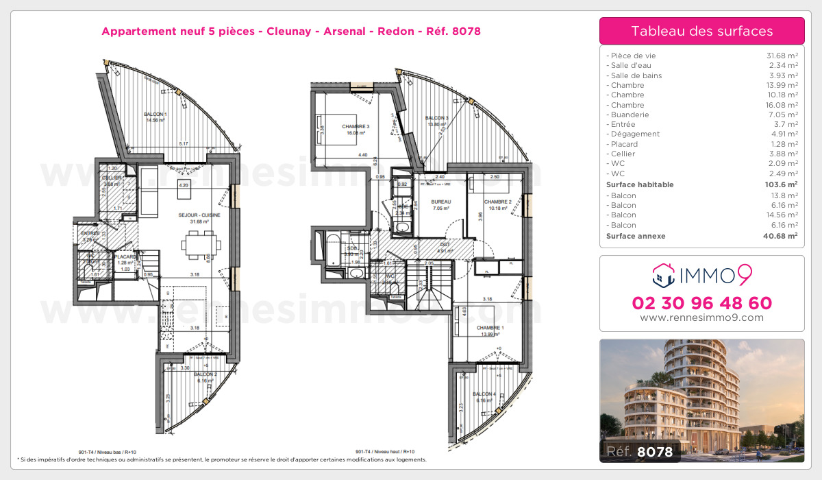 Plan et surfaces, Programme neuf Rennes : Cleunay - Arsenal - Redon Référence n° 8078