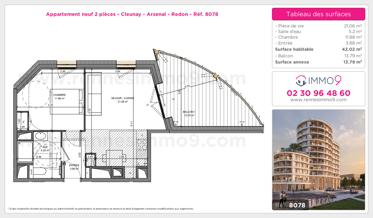 Plan et surfaces, Programme neuf Rennes : Cleunay - Arsenal - Redon Référence n° 8078