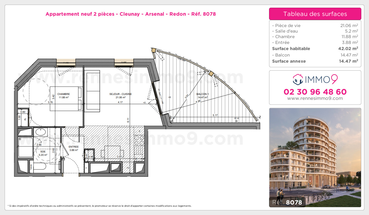 Plan et surfaces, Programme neuf Rennes : Cleunay - Arsenal - Redon Référence n° 8078