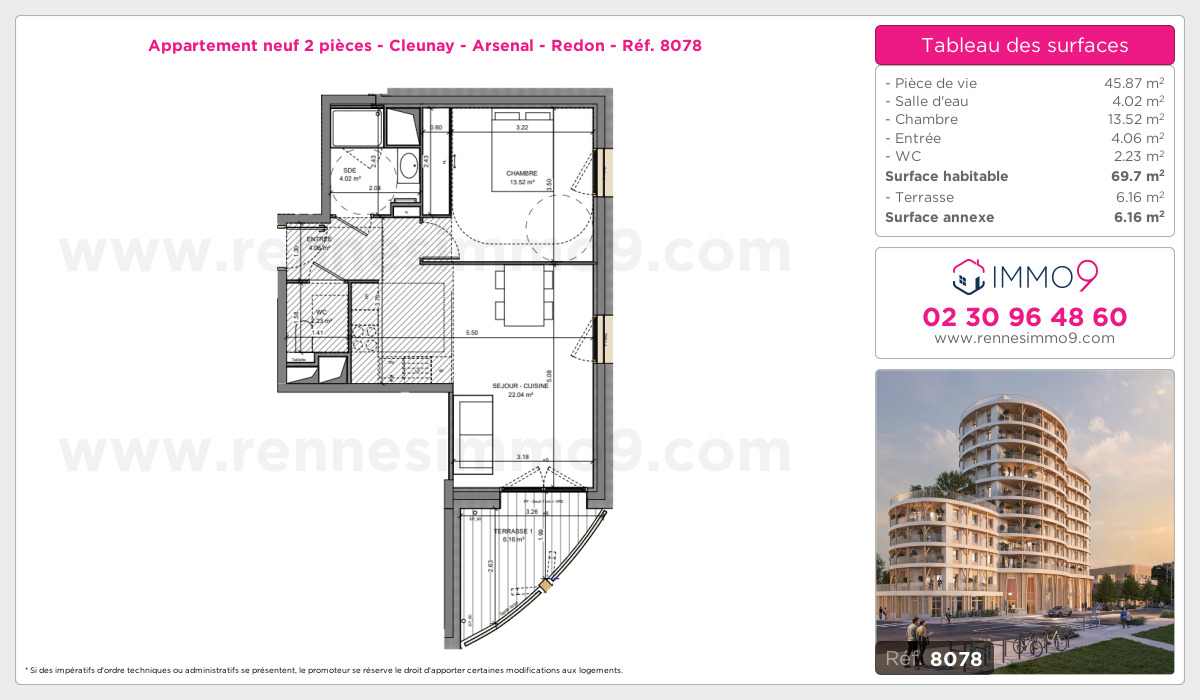 Plan et surfaces, Programme neuf Rennes : Cleunay - Arsenal - Redon Référence n° 8078