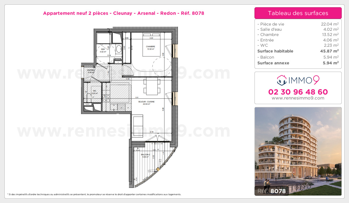 Plan et surfaces, Programme neuf Rennes : Cleunay - Arsenal - Redon Référence n° 8078