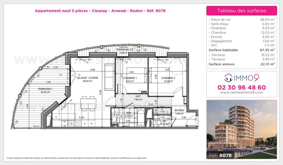 Plan et surfaces, Programme neuf Rennes : Cleunay - Arsenal - Redon Référence n° 8078