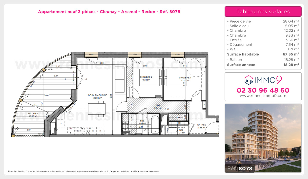 Plan et surfaces, Programme neuf Rennes : Cleunay - Arsenal - Redon Référence n° 8078