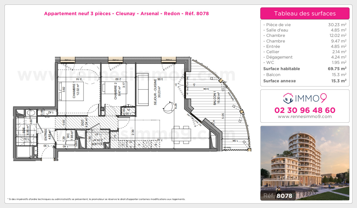 Plan et surfaces, Programme neuf Rennes : Cleunay - Arsenal - Redon Référence n° 8078
