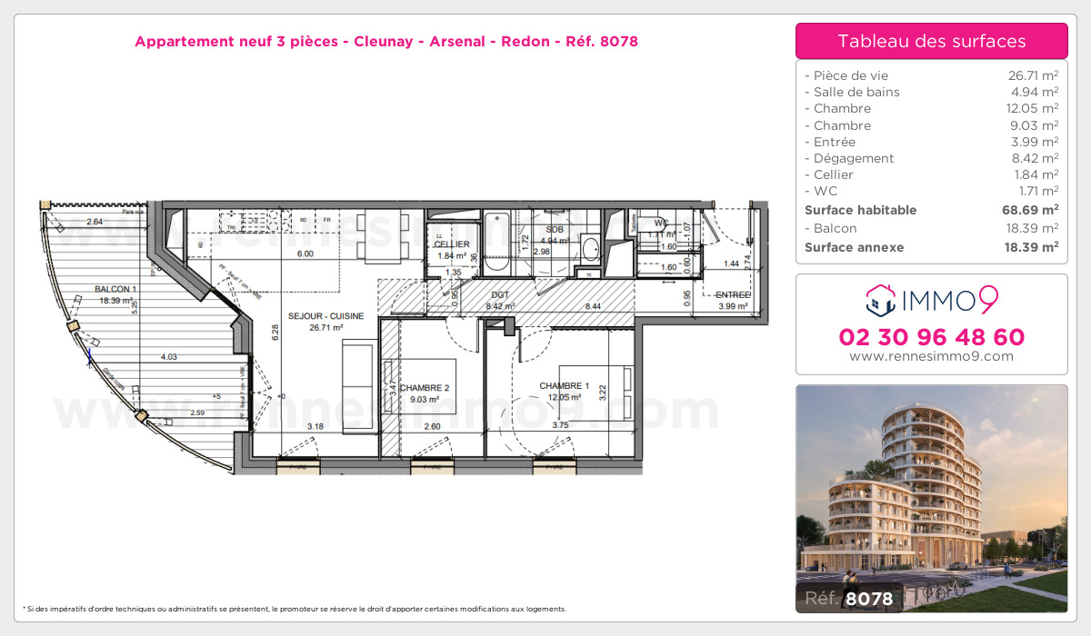 Plan et surfaces, Programme neuf Rennes : Cleunay - Arsenal - Redon Référence n° 8078
