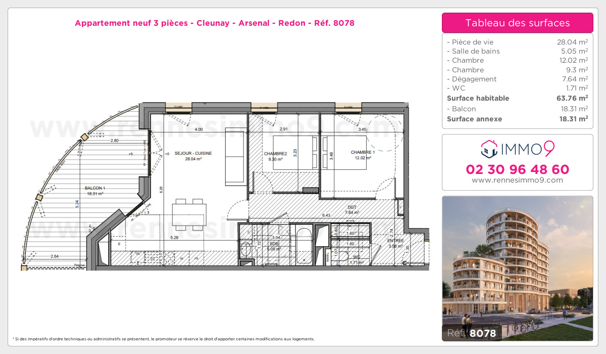 Plan et surfaces, Programme neuf Rennes : Cleunay - Arsenal - Redon Référence n° 8078