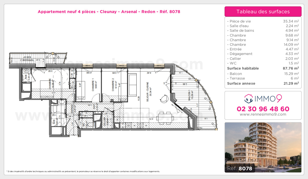 Plan et surfaces, Programme neuf Rennes : Cleunay - Arsenal - Redon Référence n° 8078