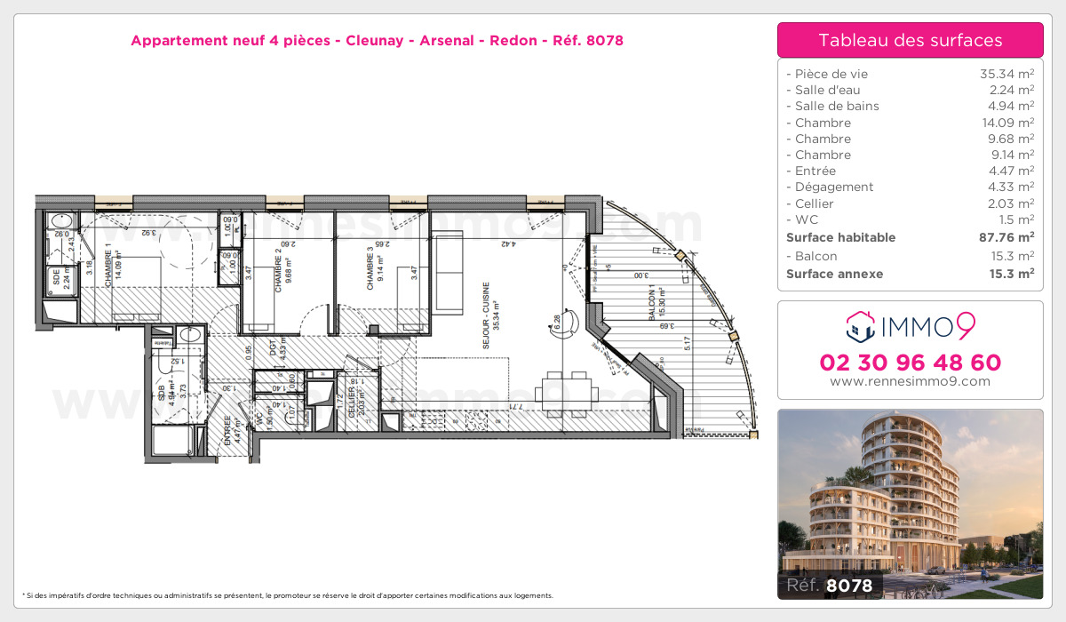 Plan et surfaces, Programme neuf Rennes : Cleunay - Arsenal - Redon Référence n° 8078