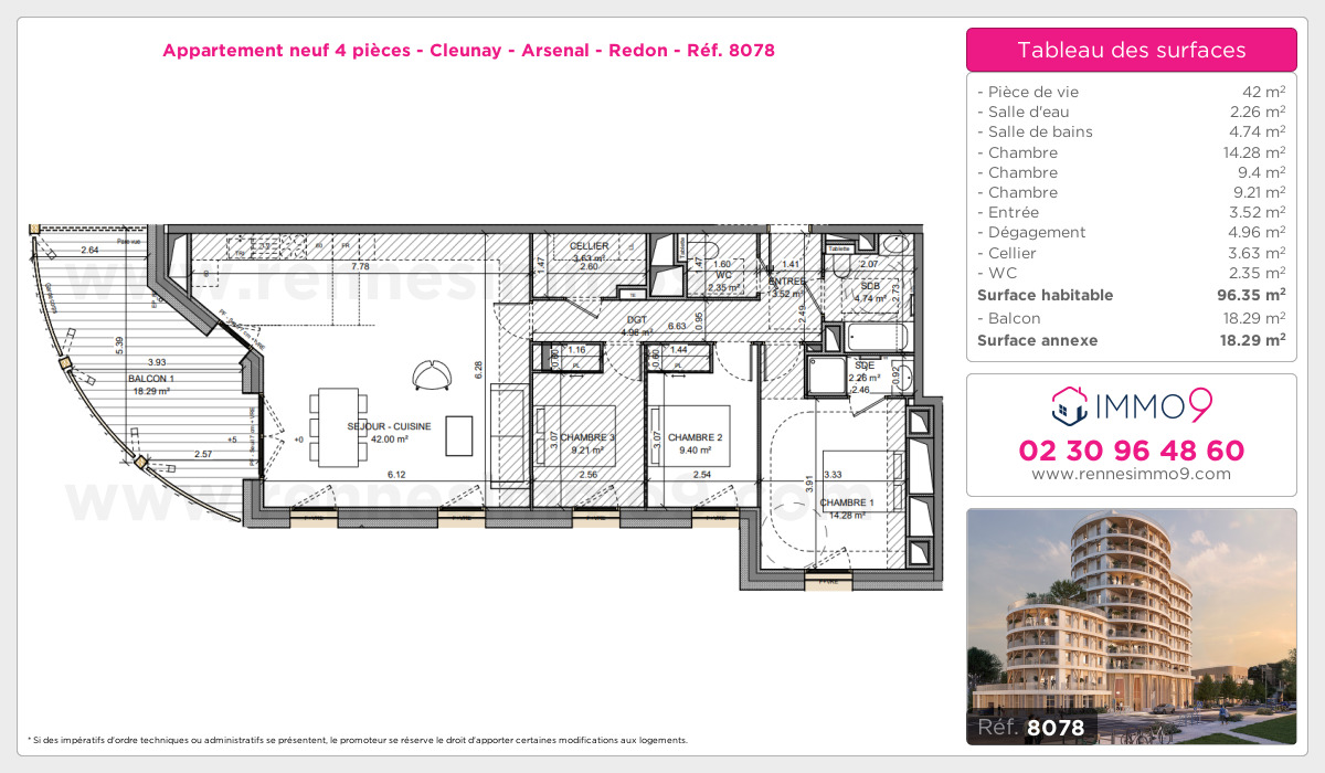 Plan et surfaces, Programme neuf Rennes : Cleunay - Arsenal - Redon Référence n° 8078