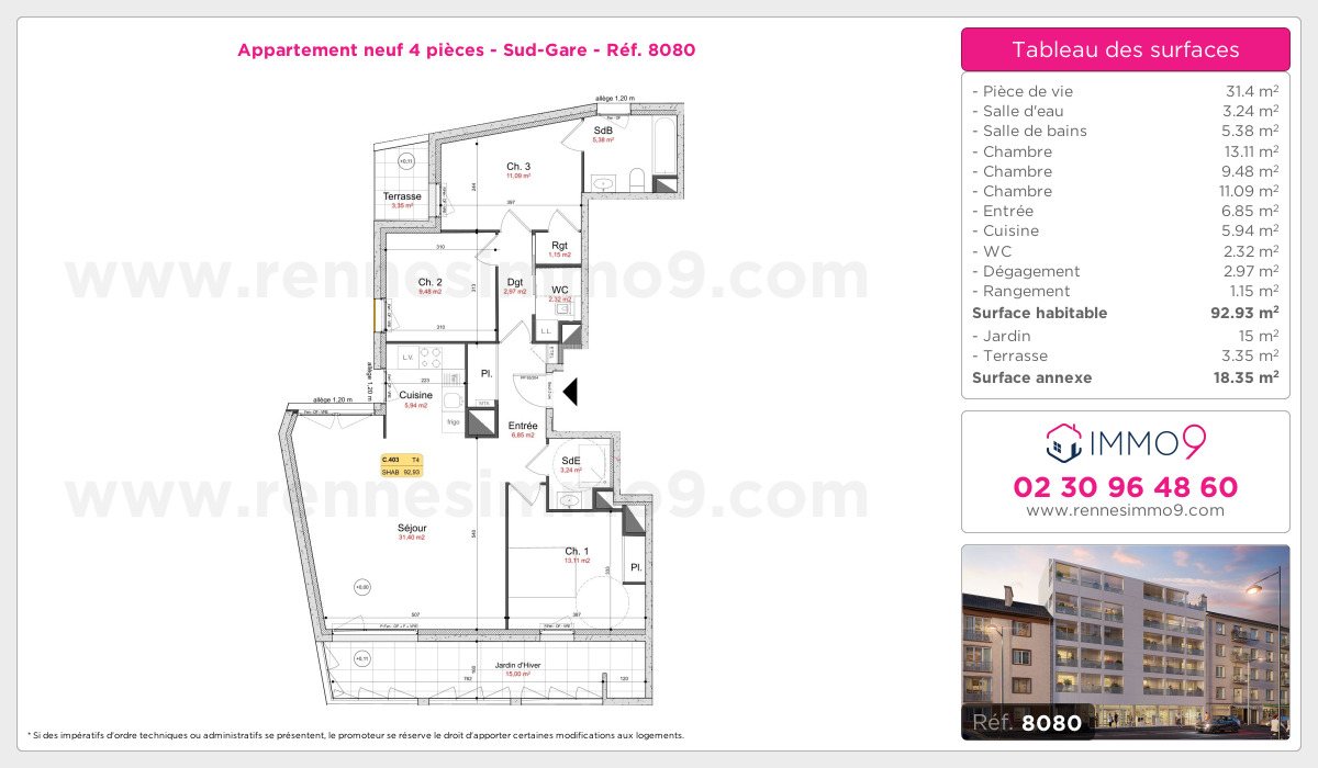 Plan et surfaces, Programme neuf Rennes : Sud-Gare Référence n° 8080