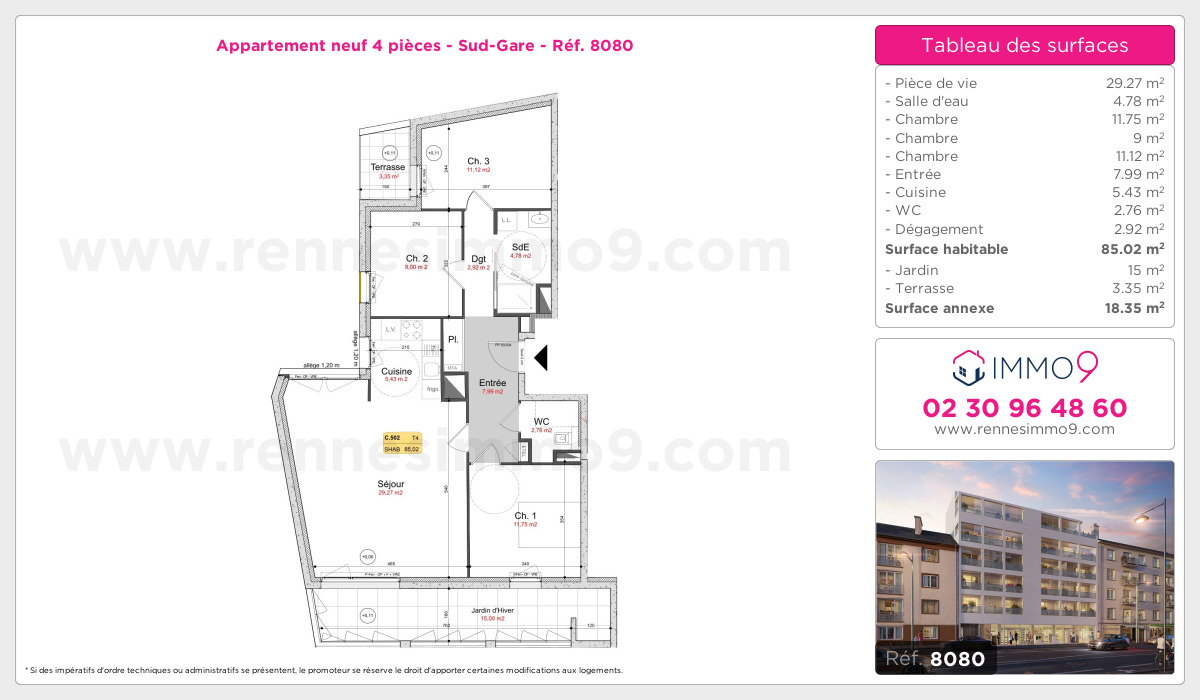 Plan et surfaces, Programme neuf Rennes : Sud-Gare Référence n° 8080
