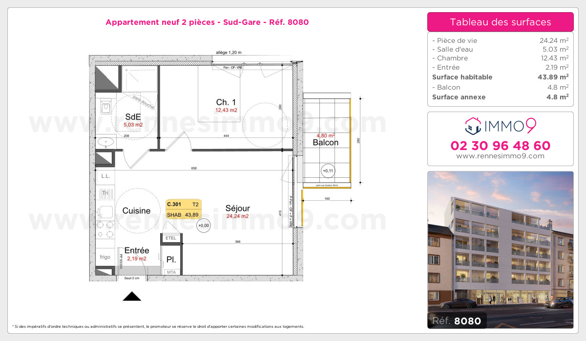 Plan et surfaces, Programme neuf Rennes : Sud-Gare Référence n° 8080