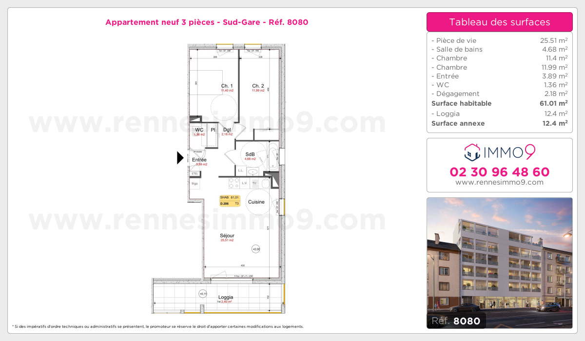 Plan et surfaces, Programme neuf Rennes : Sud-Gare Référence n° 8080