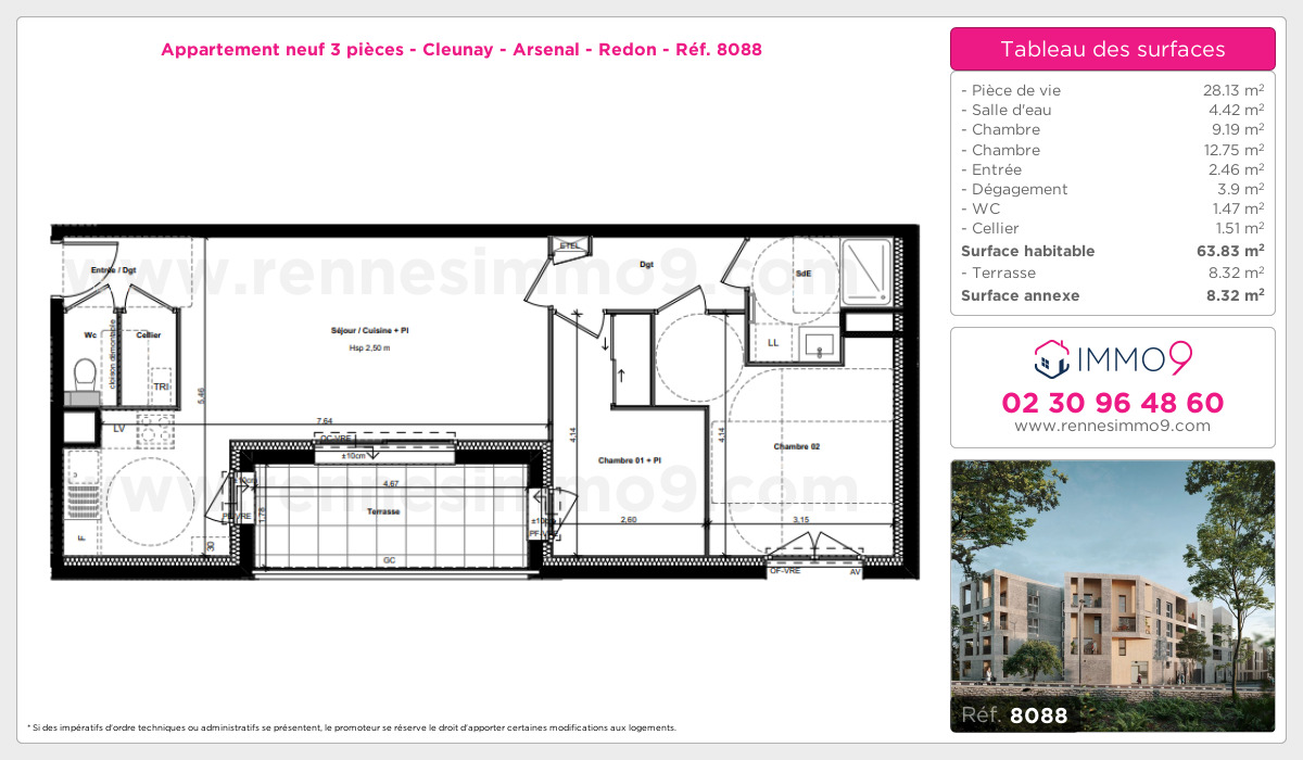 Plan et surfaces, Programme neuf Rennes : Cleunay - Arsenal - Redon Référence n° 8088