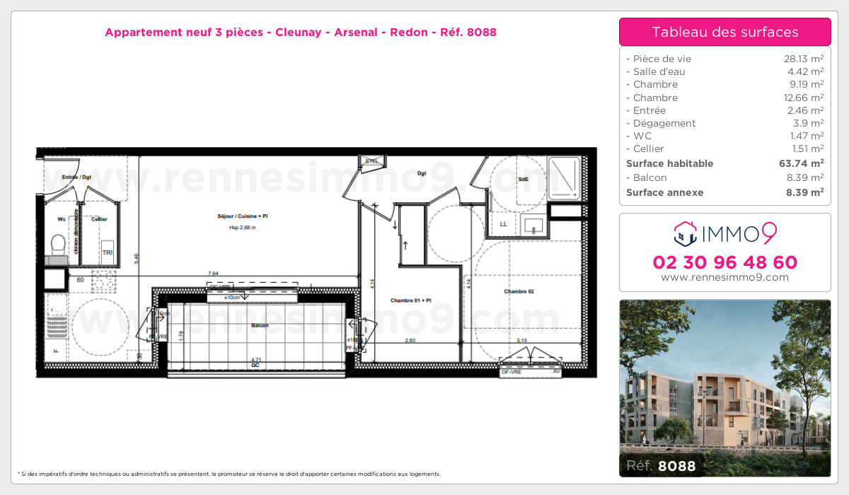 Plan et surfaces, Programme neuf Rennes : Cleunay - Arsenal - Redon Référence n° 8088