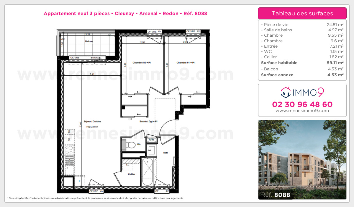 Plan et surfaces, Programme neuf Rennes : Cleunay - Arsenal - Redon Référence n° 8088