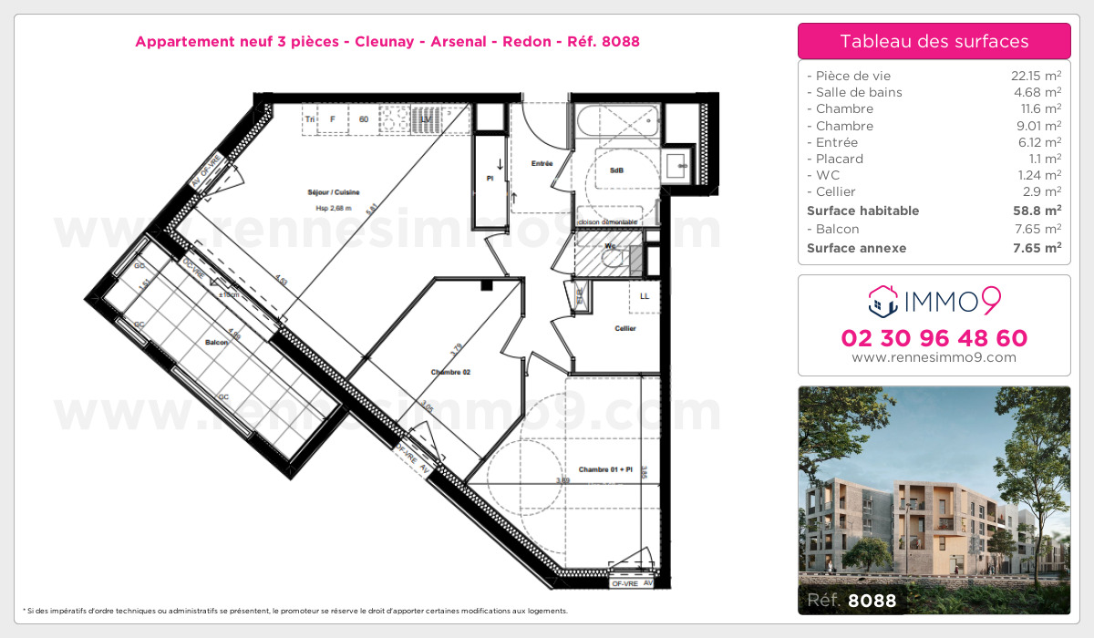 Plan et surfaces, Programme neuf Rennes : Cleunay - Arsenal - Redon Référence n° 8088