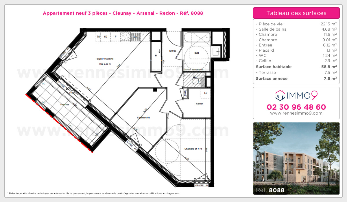 Plan et surfaces, Programme neuf Rennes : Cleunay - Arsenal - Redon Référence n° 8088