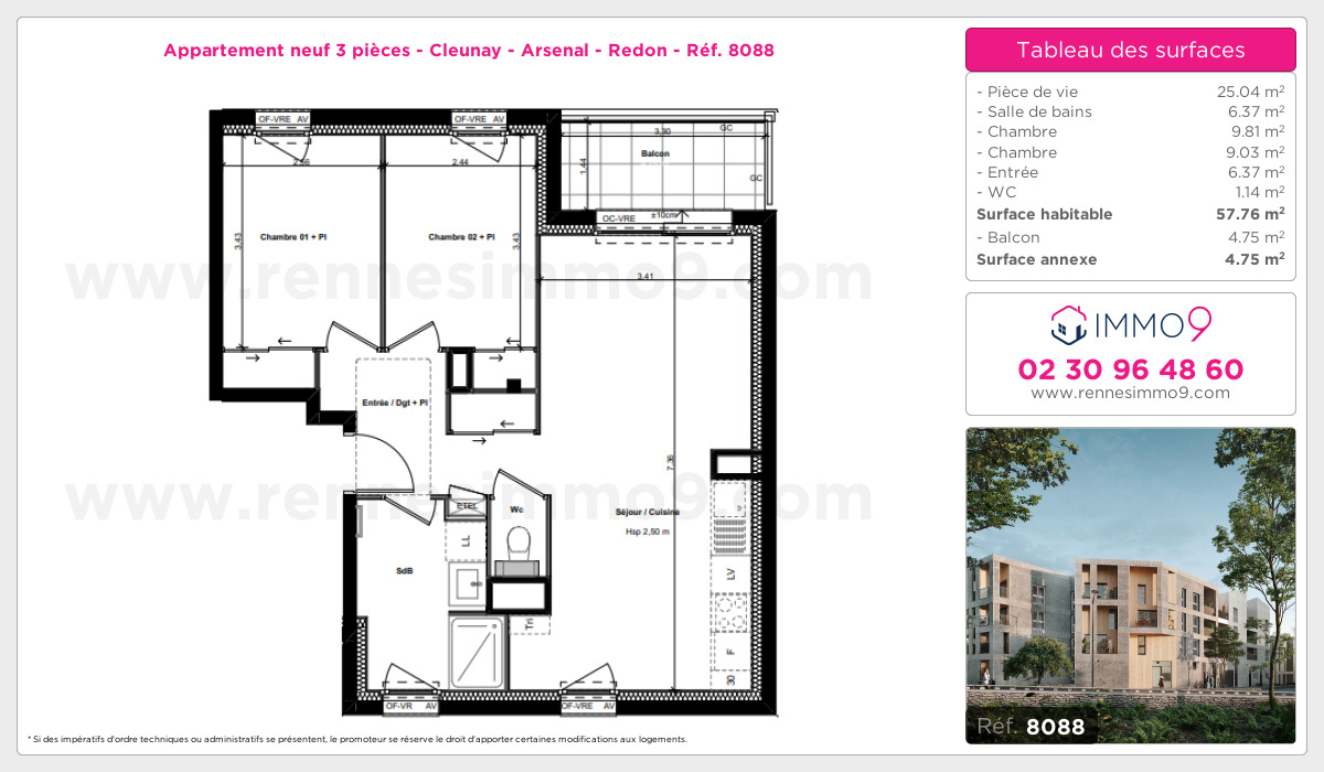 Plan et surfaces, Programme neuf Rennes : Cleunay - Arsenal - Redon Référence n° 8088