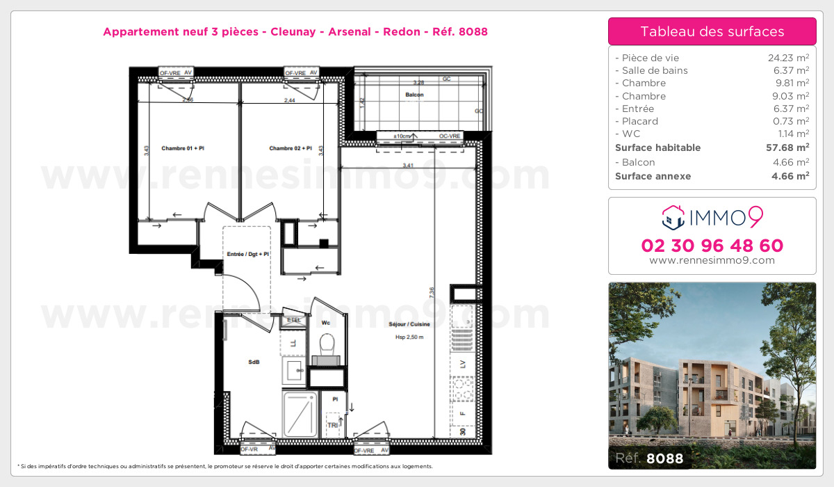 Plan et surfaces, Programme neuf Rennes : Cleunay - Arsenal - Redon Référence n° 8088