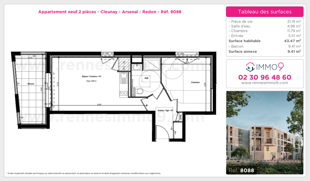 Plan et surfaces, Programme neuf Rennes : Cleunay - Arsenal - Redon Référence n° 8088