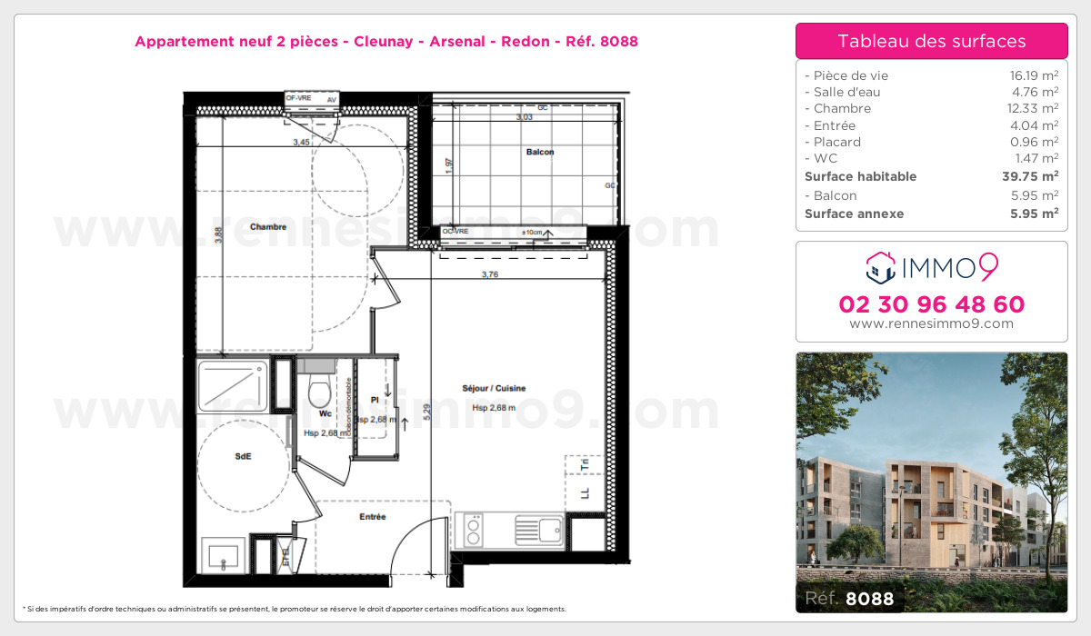 Plan et surfaces, Programme neuf Rennes : Cleunay - Arsenal - Redon Référence n° 8088